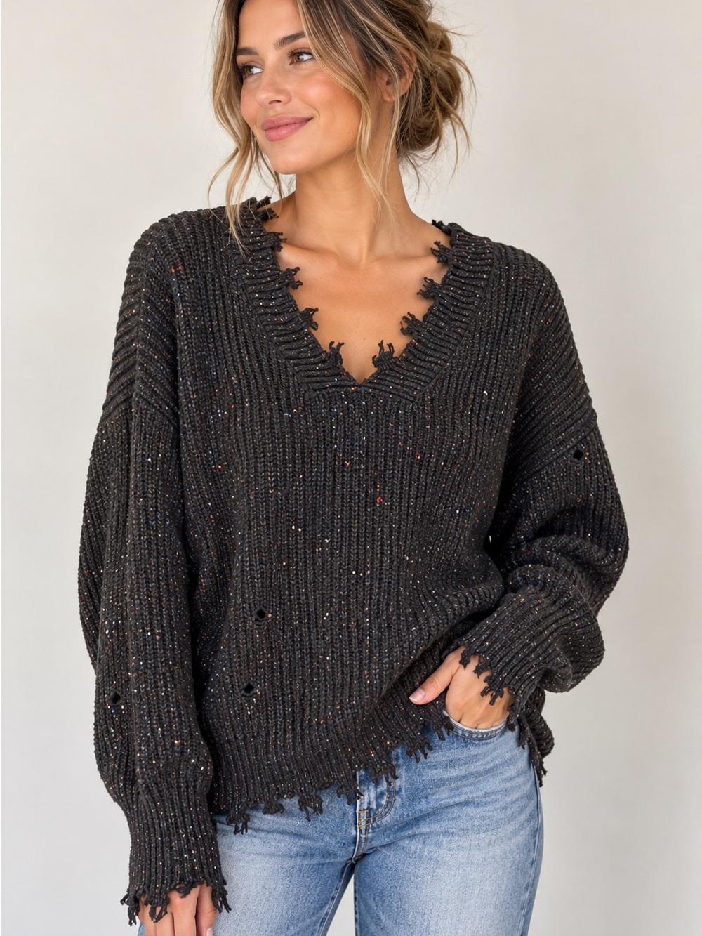 Zenana Distressed Speckled V-Neck Sweater Charcoal Black Small Grunge Boho